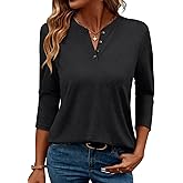 TICTICMIMI Women's V Neck 3/4 Sleeve Tops Casual Summer T Shirts Loose Fit Button Tunic Blouse