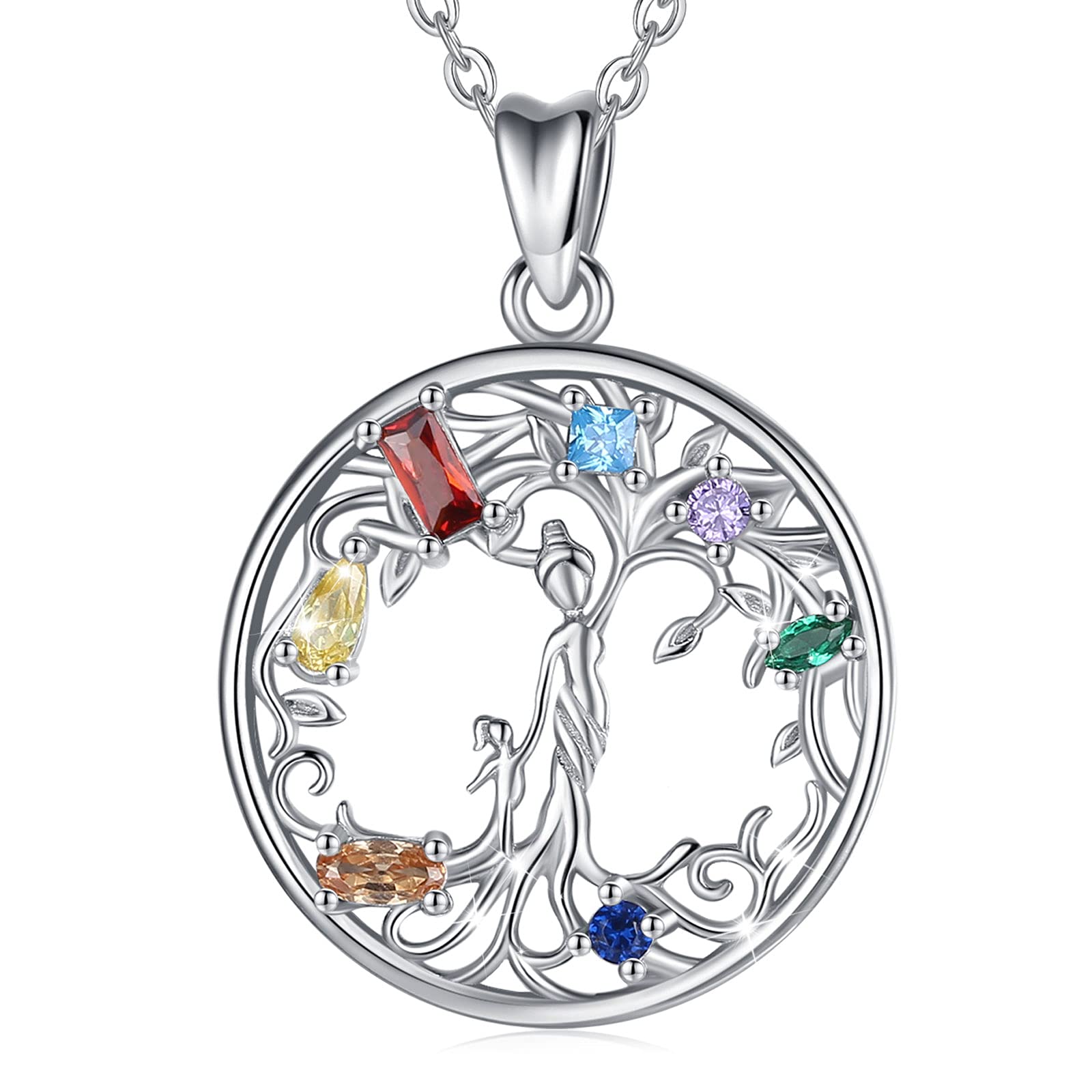 EUDORA Tree of Life Necklace for Women S925 Sterling Silver Mother Daughter Tree Pendant for Mom Colorful CZ Necklace for Mother Daughter Sisters Jewelry Wife Mother's Day Gift, 45CM