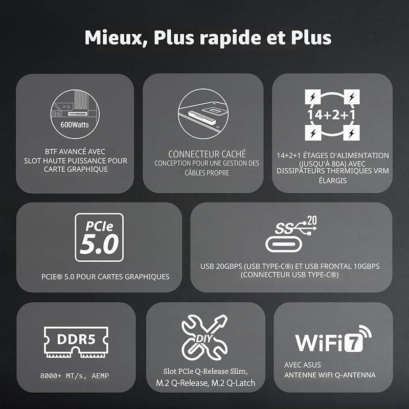 TUF Gaming B850-BTF WiFi W, Carte mère AMD ATX, 14+2+1 Phases d'alimentation, Fente DDR5, PCIe 5.0 Ready, 3 emplacements M.2, WiFi 7, Realtek 2.5Gb, USB-C, HDMI, DisplayPort, BIOS Flashback et
