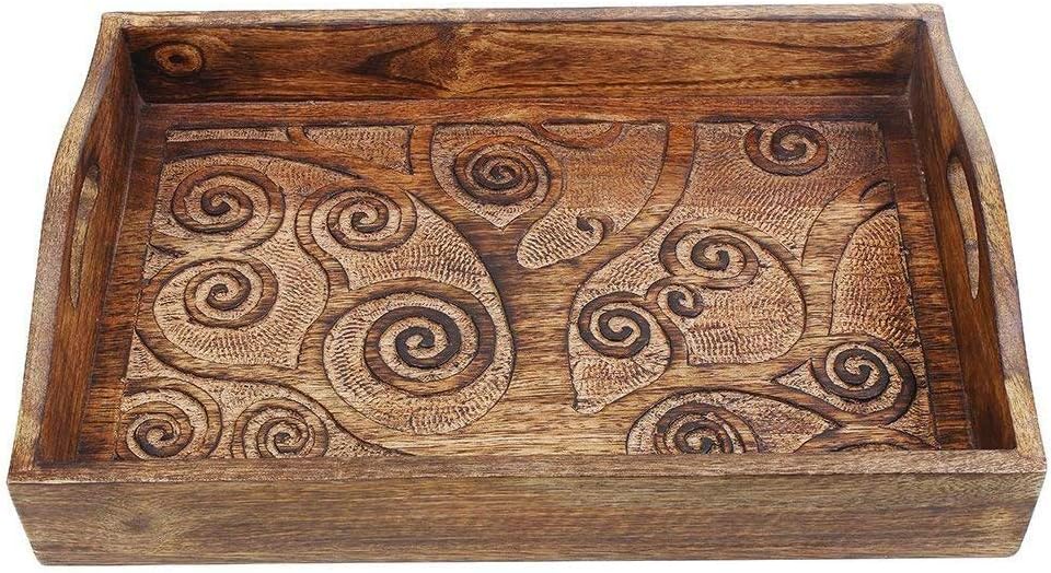 Wooden Breakfast Serving Tray Platter 15 x 10" with Handle for Tea Snack Dessert"Tree of Life" Carving Kitchen Dining Serveware Accessories