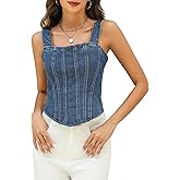 Ladyful Denim Corset Top for Women Square Neck Jean tank Tube Top Back Tie Spaghetti Strap Crop Denim Vest Cami