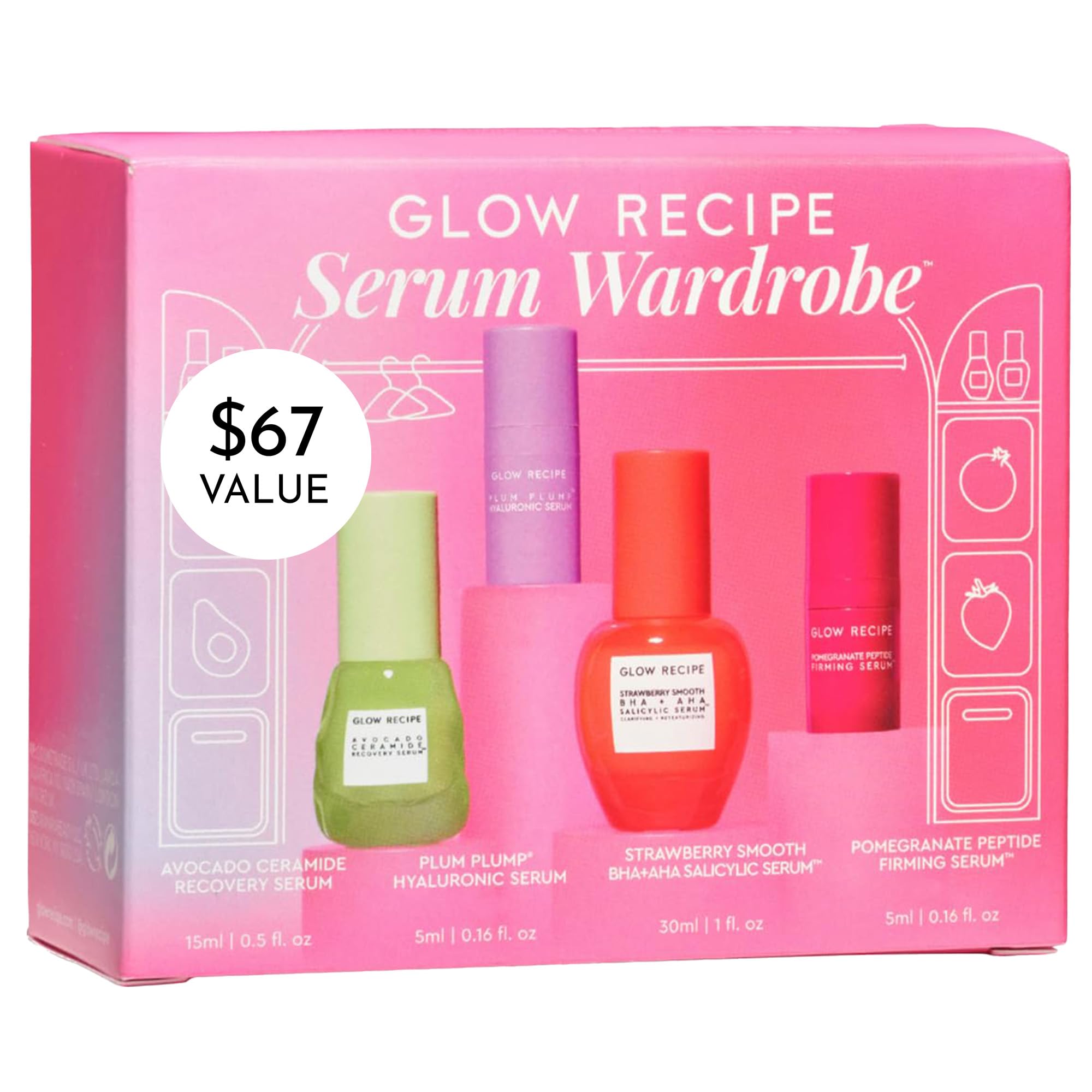 Glow Recipe Serum Travel Size Skin Care Set - Avocado Ceramide Serum + Strawberry Smooth AHA BHA Serum + Plum Plump Hyaluronic Acid Serum + Pomegranate Peptide Firming Serum (4 Count)