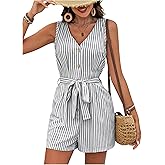 SweatyRocks Women's Striped V Neck Rompers Casual Cute Sleeveless Short Jumpsuits Fall Outfits
