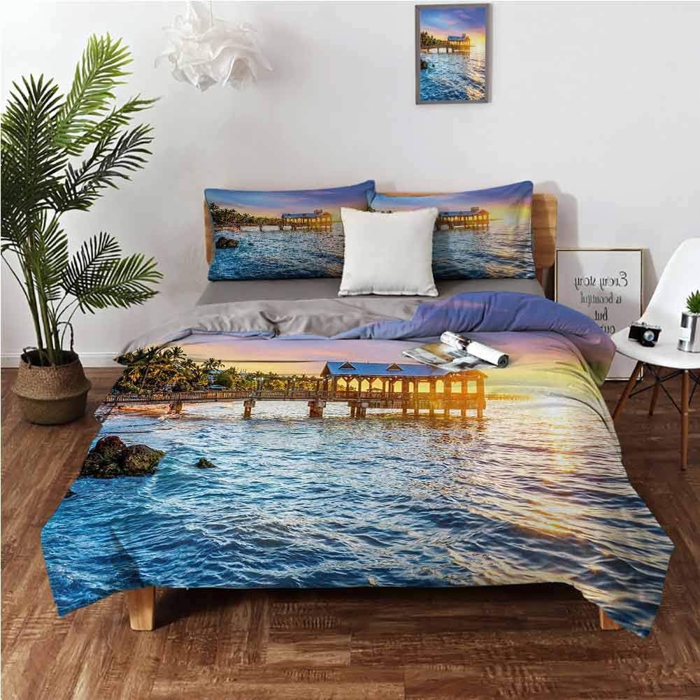 United States Washed Duvet Cover Set Pier at Beach in Key West Florida USA Tropical Summer Paradise Decorative 3 Piece Bedding Set with 2 Pillow Shams Ultra Soft Microfiber Bedding - King 104"x90"