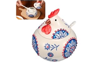 Ceramic Salt Cellar with Lid and Spoon, 13 OZ Large Chicken Salt Sugar Containers, Salt Holder for Countertop, Chicken Kitche