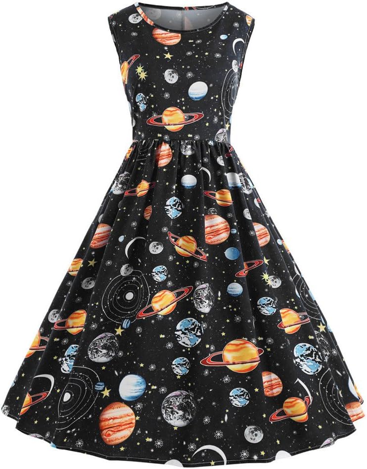 Boat Collar Sleeveless Knee-Length Dress for Women Cosmic Planet A-Line Dress