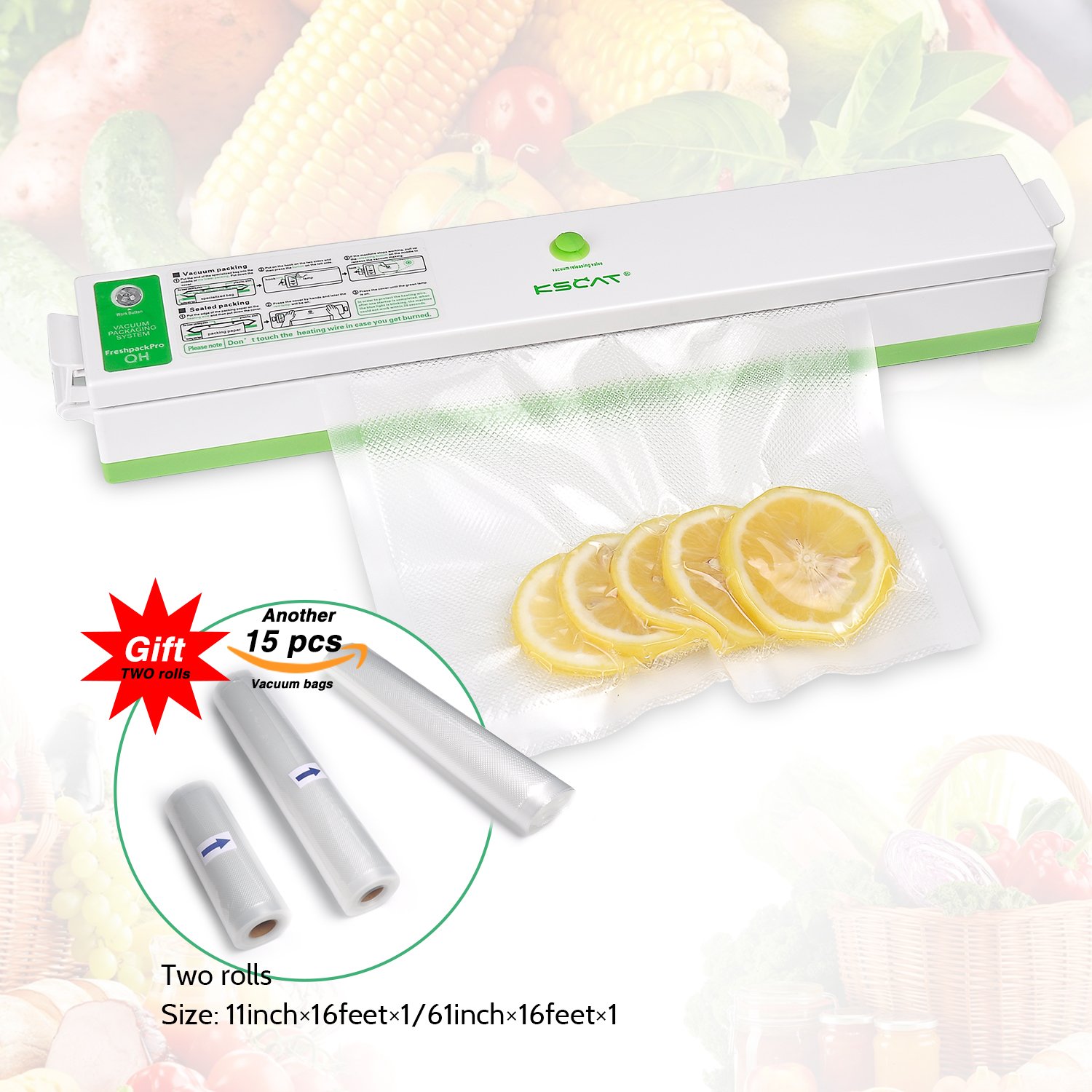 KSCAT Mini Vacuum Sealer, Automatical Vacuum Sealer Best Food Saver and Storage, Including 15 Pcs Vacuum Bags for free, with 2 Vacuum Sealer Rolls
