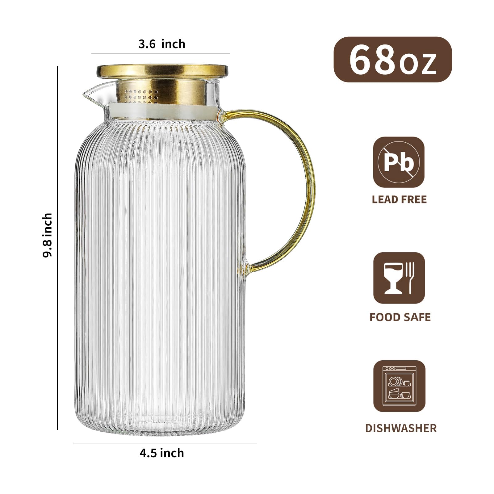 Buaic 2 PACK Glass Pitcher with Lid, 68 oz/ 2 Liter Classic Vertical Stripes Water Pitcher with Yellow Handle,Glass Water Carafe for Cold Brew, Coffee, Lemonade, Iced Sun Tea,Beverage,Heat Resistant