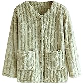 Oplxuo Plush Pajama Tops Fleece Bed Jackets for Elderly Women Long Sleeve Button Down Sleepwear Fuzzy Coats with Pockets