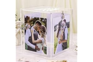 CYAOOI Acrylic Wedding Card Box with Picture Frame, Clear Gift Card Box for Wedding Reception, Large Rotatable Money Envelope Card Box Holder with Lock for Graduation Party Birthday Baby Shower