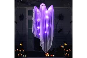 JOYIN Halloween Hanging Light up Ghost with Spooky Purple LED Light, 47” White Ghosts, Halloween Hanging Decoration for Front