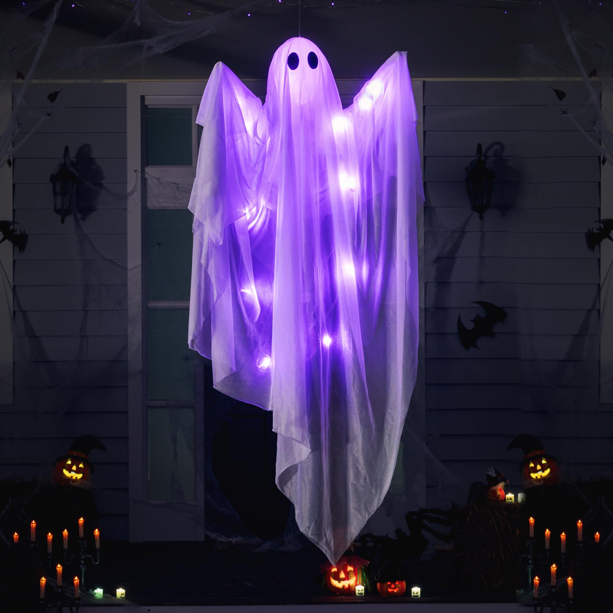 Photo 1 of JOYIN Halloween Hanging Light up Ghost with Spooky Purple LED Light, 47” White Ghosts, Halloween Hanging Decoration for Front Yard Patio Lawn Garden Party Decor Indoor Outdoor