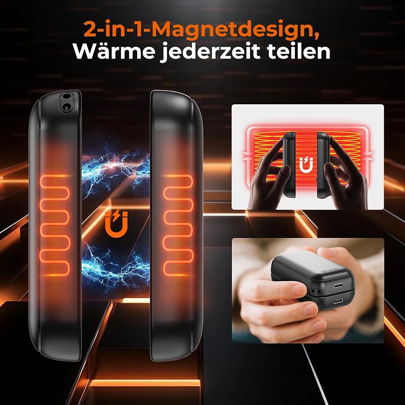 Handwärmer Elektrisch - 2er-Pack 6000mAh Magnetischer Taschenwärmer, USB-C Elektrische Handwärmer Wiederaufladbar Schnellheizung,3 Heizstufen Bis 55°C,für Outdoor,Golf,Camping,Raynaud (Schwarz)