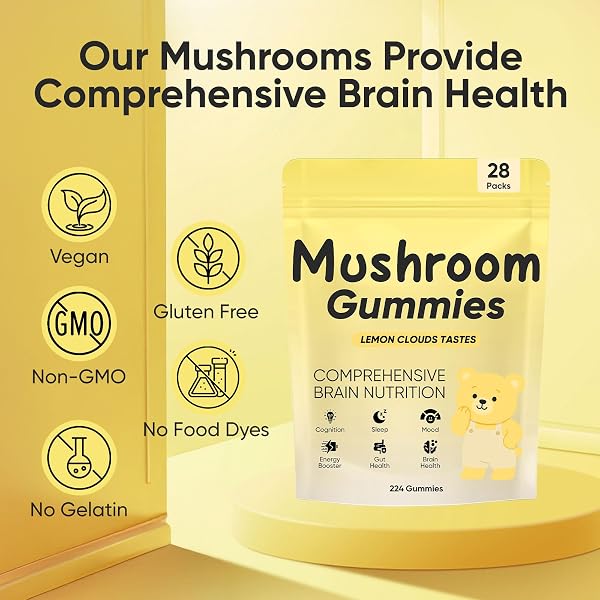 REYUQU LIONS MANE MUSHROOM GUMMIES – 10,000 MG ADAPTOGENIC MUSHROOM COMPLEX PER SERVING, VEGAN, LOW SUGAR/SUGAR-FREE, BRAIN & FOCUS SUPPORT SUPPLEMENT, 28 DAILY SACHETS