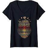 Wrinkled HippieWomens Phases of the Moon Retro 60's 70's Vibe Tree of Life V-Neck T-Shirt