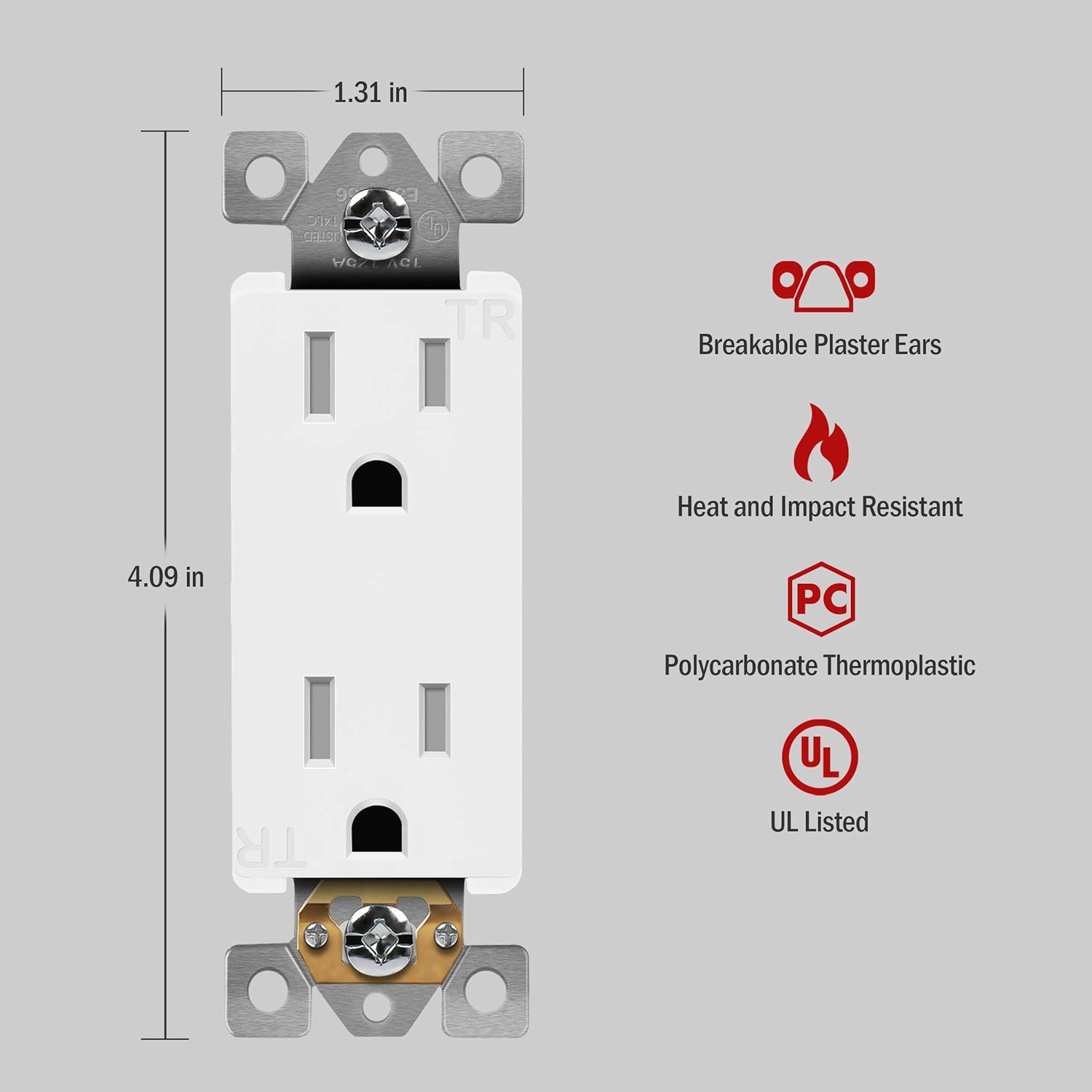 ENERLITES Decorator Receptacle Outlet, Tamper-Resistant, Residential Grade, 3-Wire, Self-Grounding, 2-Pole, 15A 125V, UL Listed, 61501-TR-W-10PCS, White (10 Pack): Industrial & Scientific