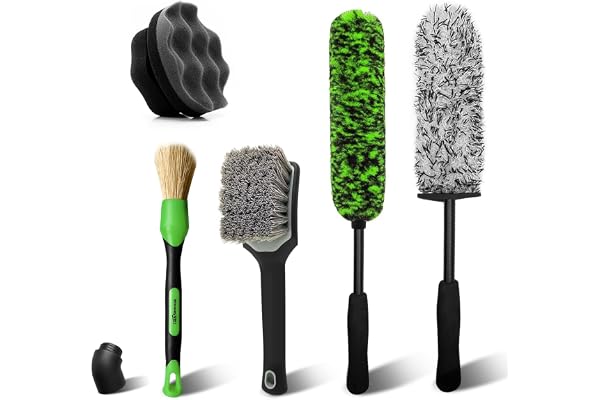 YeewayVeh 5PCS Pro Wheel Detailing Kit, 360° Bendable Rim Brush, Green | Boars Hair & Tire Shine Applicator, Scratch-Free Mic