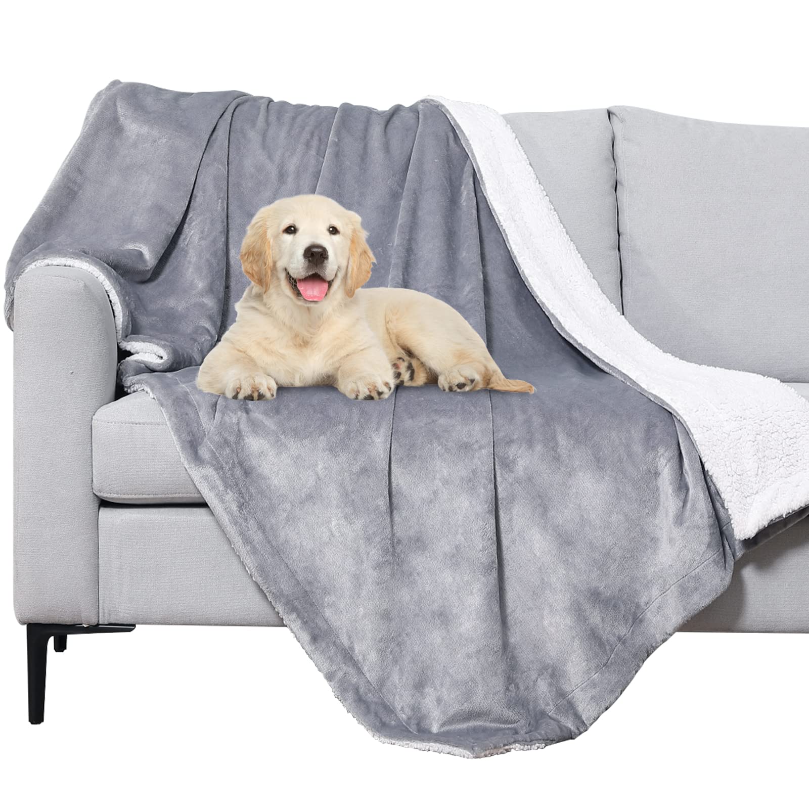 METCHIC Waterproof Dog Blanket for Large Dogs, Ultra Soft Sherpa Fleece Puppy Blanket, Pet Throw Blanket Furniture Protector (Light Grey, 41"x 65")