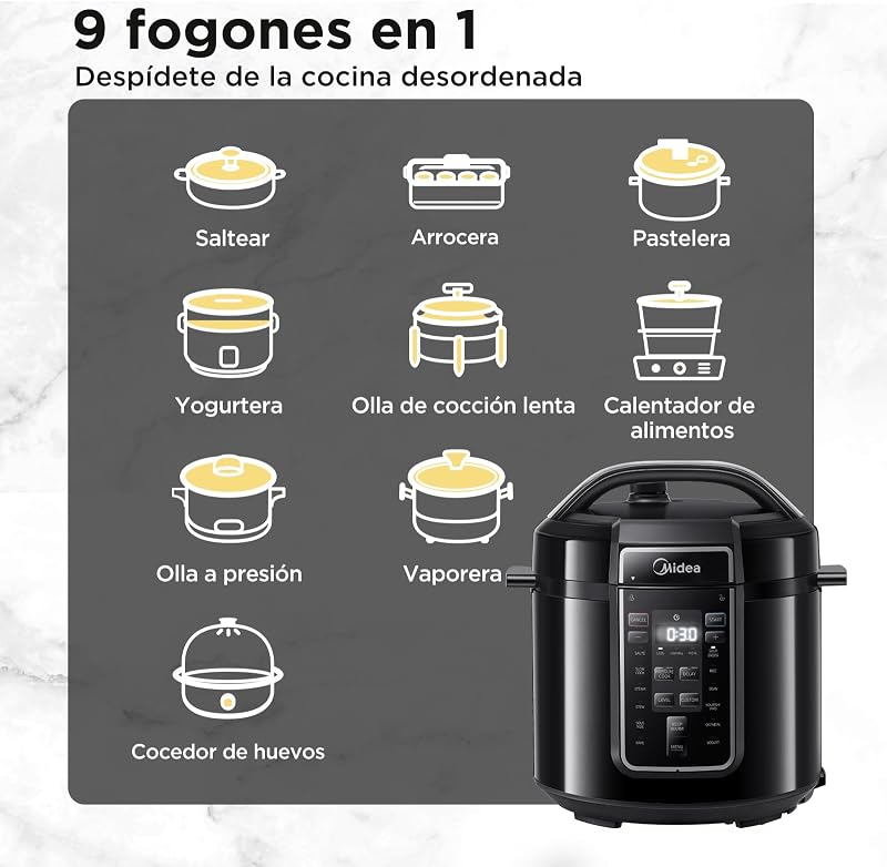 Olla Eléctrica 9 en 1, 12 Preajustes Instantáneos, Antiadherente, Arrocera, Cocción Lenta, Vapor de Acero Inoxidable, 6 Cuartos