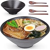Lareina Ceramic Japanese Ramen Bowls, 2 Sets (6 Piece) 60 Ounce, Large Noodle Soup Bowl with Matching Chopsticks and Spoons for Asian Pho Udon Soba, Matting Black