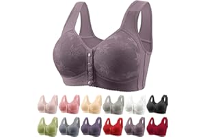 BAOQIN Womens Front Closure Daisy Bra Button Fly Lace Supportive Bra Full Coverage Wireless Underwear for Older Women Over 60