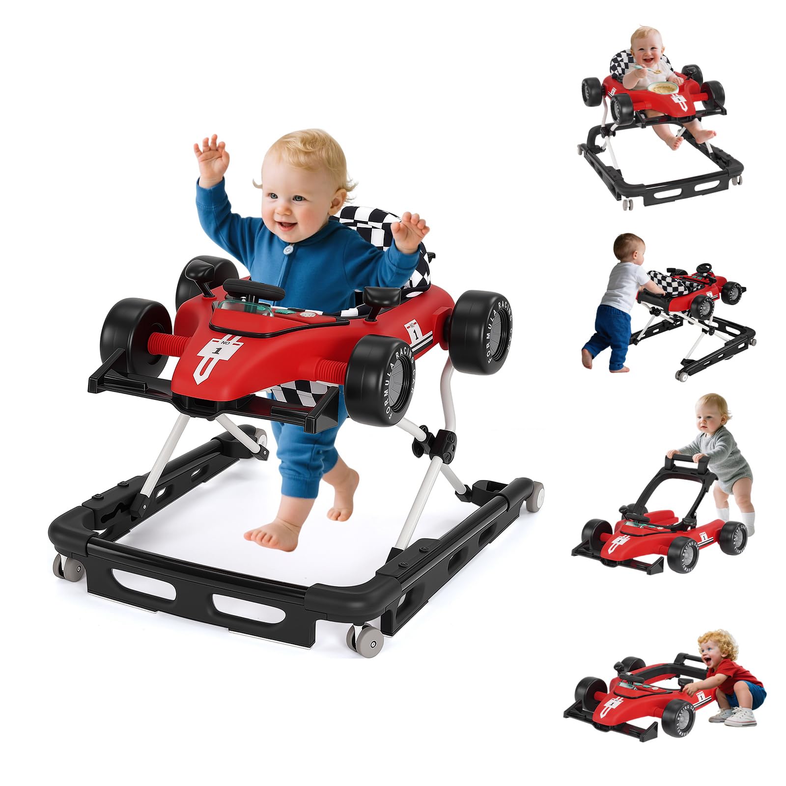 Photo 1 of Baby Walker with Wheels, 4-in-1 Baby Walker for Boys Girls Foldable Activity Walker with Adjustable Height Toddler Infant Walker with Music and Lights Walker for Baby 6-24 Months, Red