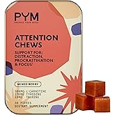 PYM Attention Chews Support for Procrastination, Focus & Productivity, 20 Count | 518mg L-Carnitine, 54mg Tyrosine, 11mg L-Taurine, Caffeine-Free | All-Natural Mood Boost Supplement Made in USA