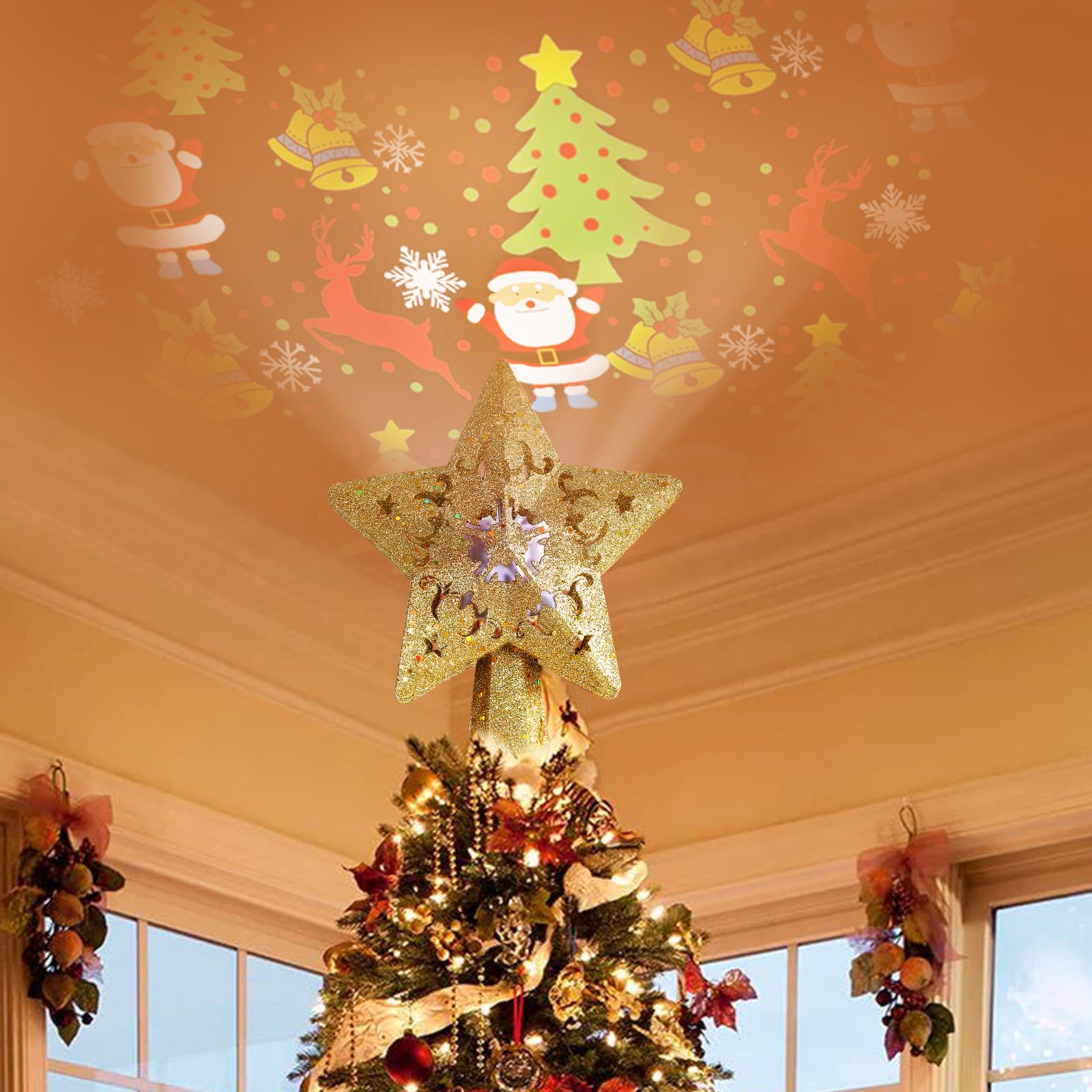 Photo 1 of Lihiton Christmas Tree Topper Star Christmas Tree Topper Lighted with 3D Glitter Gold Star Christmas Tree Topper Plug in Christmas Projector Lights for Christmas Tree Decorations (Gold)