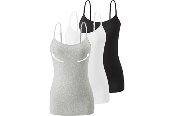 Air Curvey 3 Piece Womens Camisole Build in Bra Camis Adjustablle Spaghetti Strap Undershirts Tank Tops