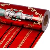 LaRibbons Nutcracker Foil Christmas Reversible Wrapping Paper 17 In x 33 Ft | Retro Red Gold Black Stripes, Classic Vintage Gift Wrap for Xmas Holiday Winter Party Decorations, 47 sq ft Mini Roll