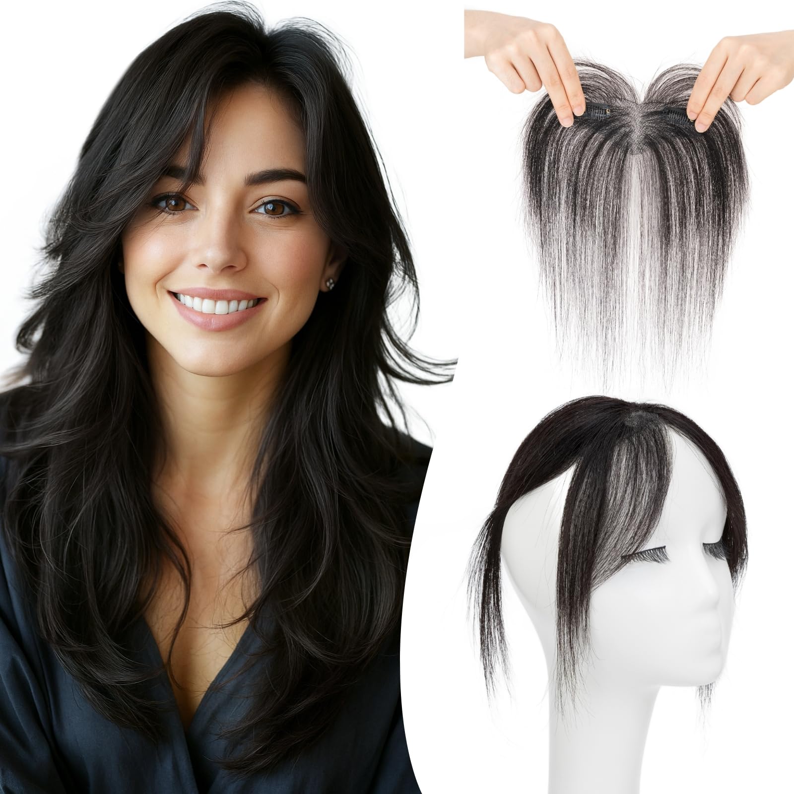 Photo 1 of TESSHAIR Clip in Bangs Real Human Hair, Human Hair Clip in Bangs, Middle Part HairPieces, No Tangle & Smooth, 11g #1B Natural Black