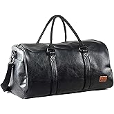 Leather Travel Bag with Shoe Pouch, Waterproof Weekender Overnight Bag, Carry On Duffel Bag for Men Women-Black