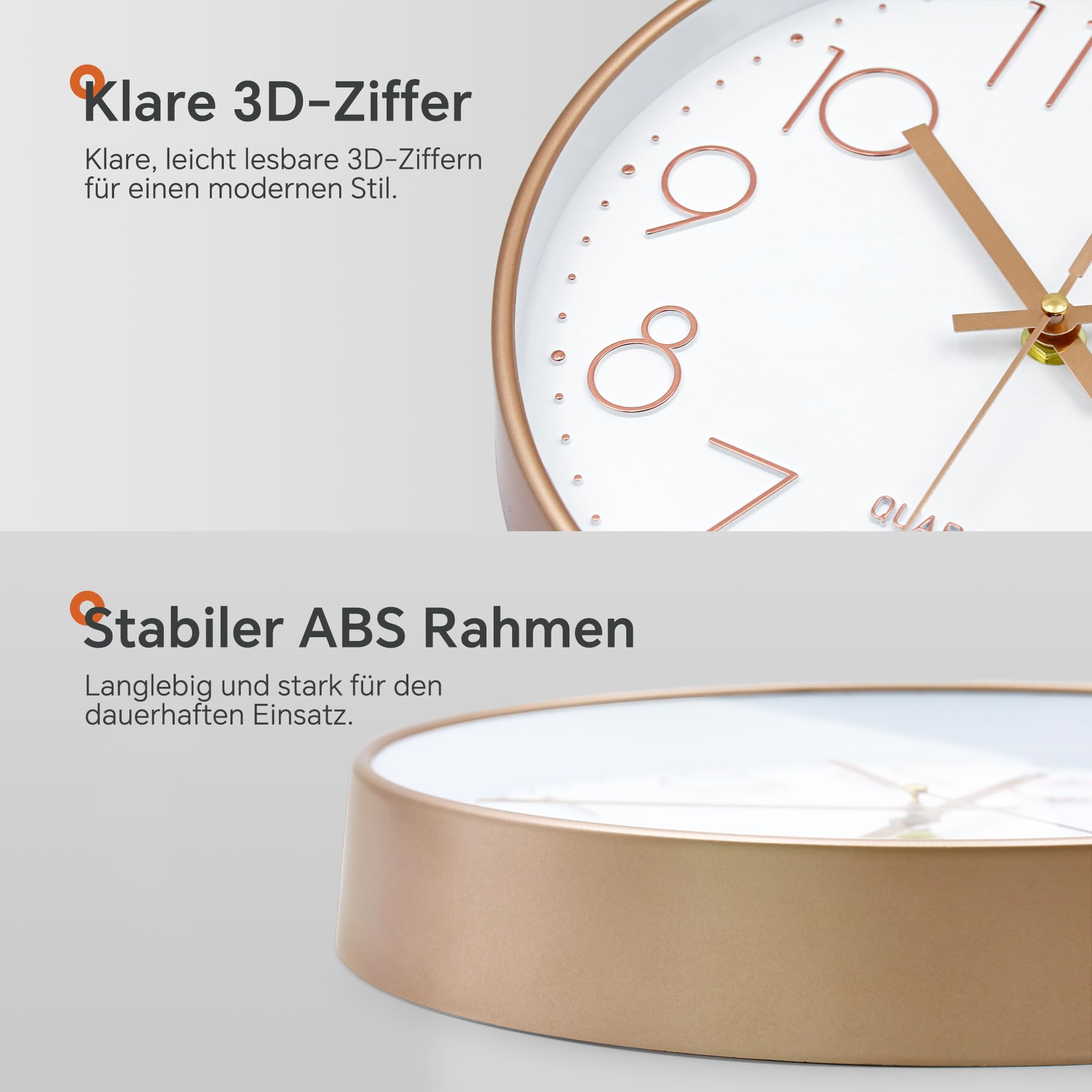 VIKMARI Modern Wanduhr Rund Roségold Geräuschlos Batteriebetrieben Glas Wanduhr für Wohnzimmer Schlafzimmer Büro Küche, 25cm 3