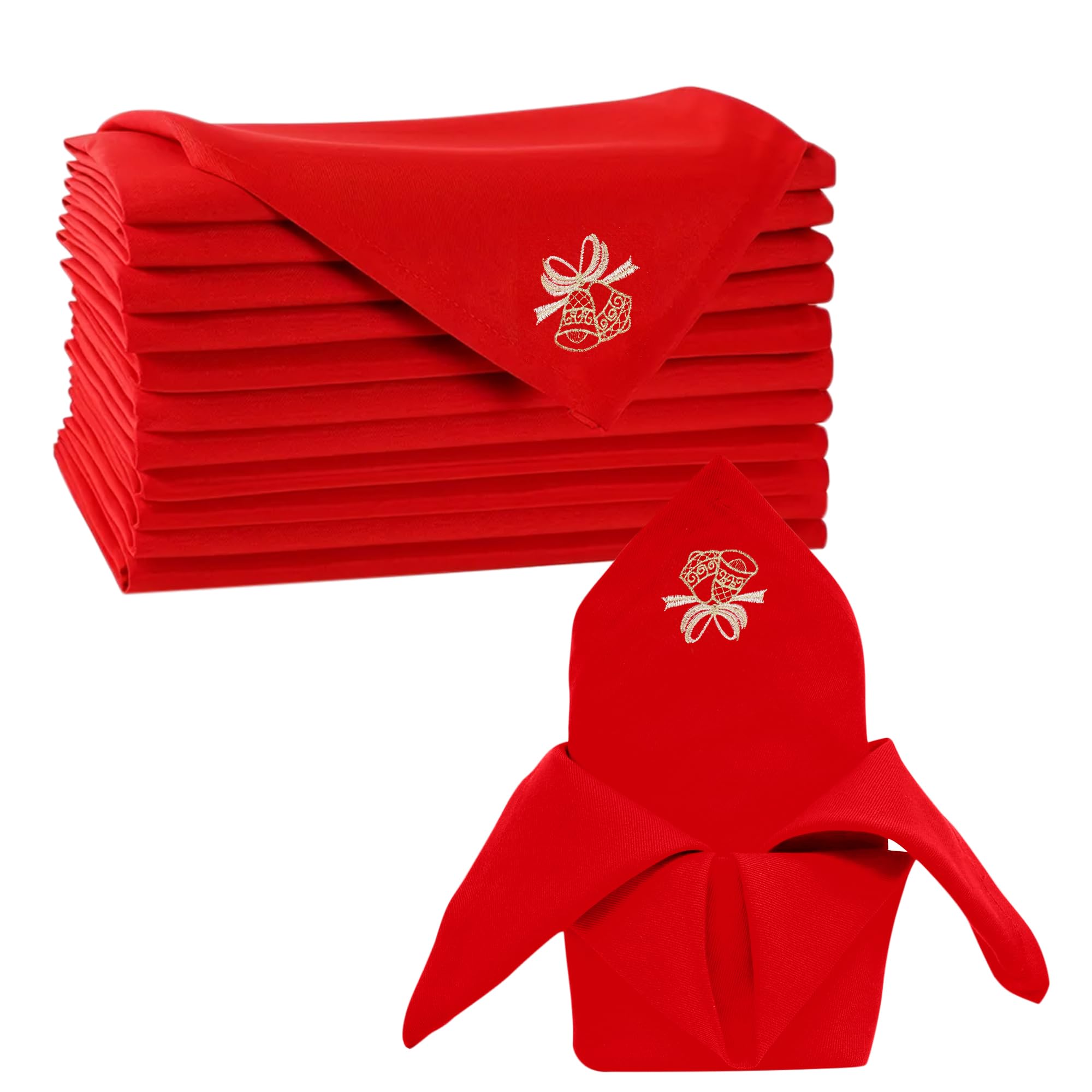 Trimming Shop Red Christmas Table Napkin Set with Festive Jingle Bell Embroidery - Spun Polyester, 20x20 Inch Stain-Resistant Reusable Table Napkin Serviette for Holiday Décor & Parties (6pcs)