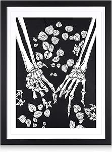 Gothic Wall Decor Art for Bedroom – Skull Bathroom Wall Decor – Edgy Aesthetic Dark Room Decoration for Teens but Not Only - FRAMED Wooden Hand in Hand 13x17 inch. Black and White Picture by Disar