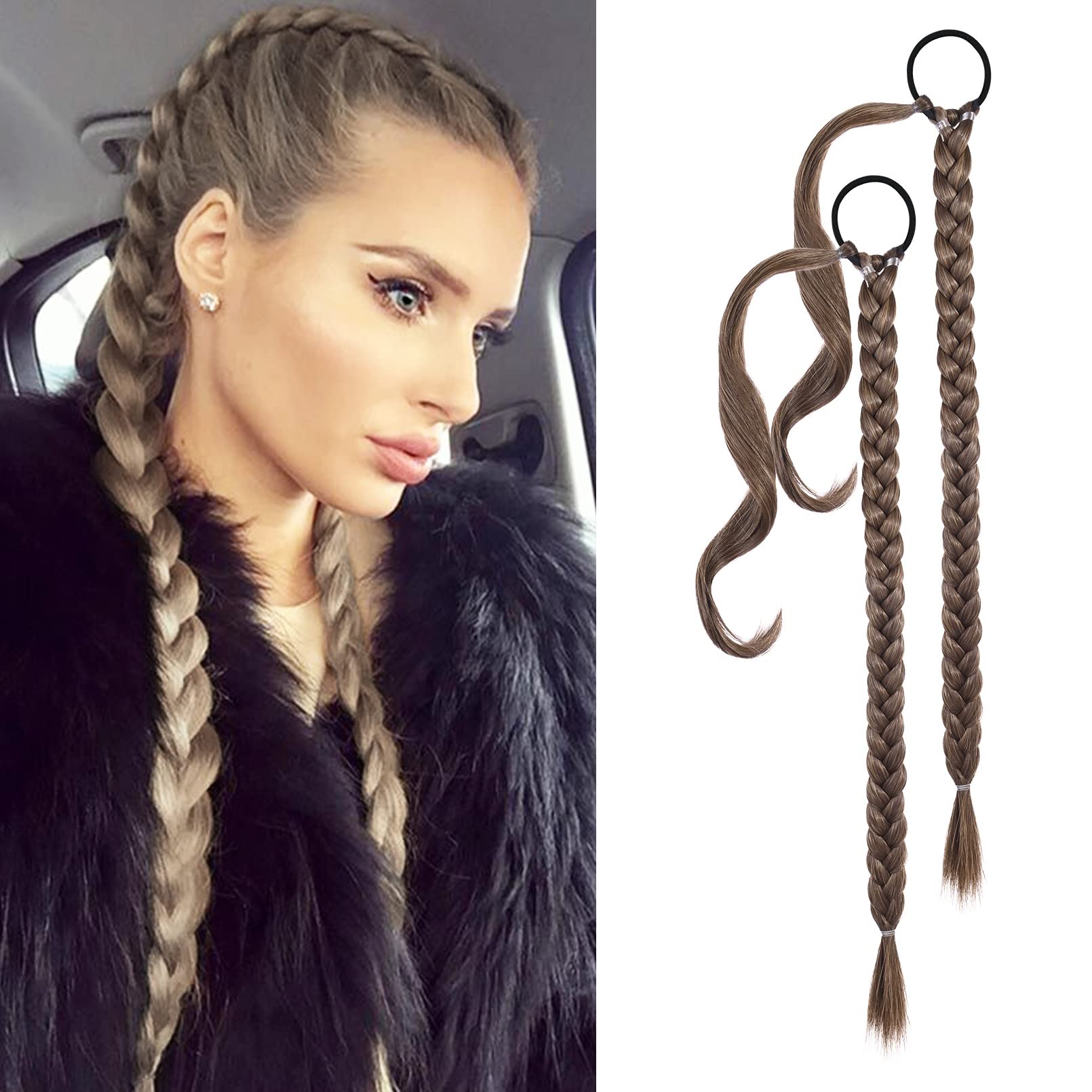 Photo 1 of YOGFIT 2PCS DIY Braid Ponytail Extension, Long Straight Wrap Around Ponytail Hair Extensions Natural Soft Synthetic Hairpieces for Women Daily Wear
