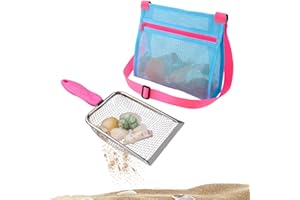 U-Zimikee Beach Mesh Shovel with Mesh Beach Bag Shell Bags for Picking Up Shells, Sand Sifter Kids Filter Sand Scooper for Shells Collecting, Shark Teeth Sifter Dipper for Kids (Bright Pink)