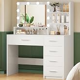 Quimoo Vanity Desk with Mirror &amp; Lights, Makeup Vanity with 5 Drawers &amp; Storage Shelves, White Vanity Table, 3 Color Modes &amp; Adjustable Brightness, Dressing Table, Bedroom