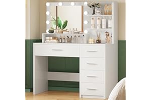 Quimoo Vanity Desk with Mirror & Lights, Makeup Vanity with 5 Drawers & Storage Shelves, White Vanity Table, 3 Color Modes & Adjustable Brightness, Dressing Table, Bedroom