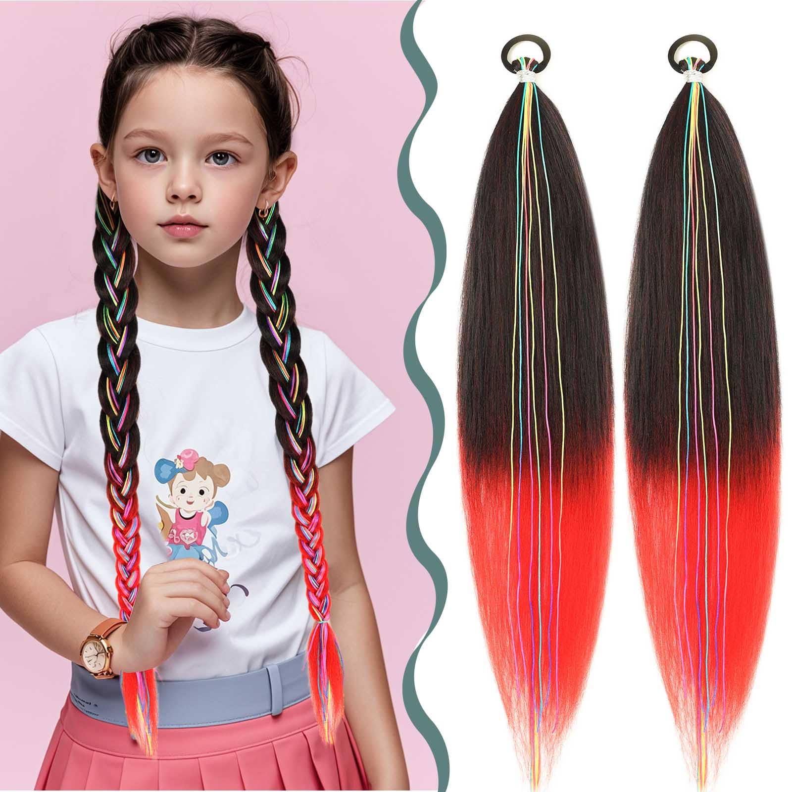 Braiding Hair Extensions - Ponytail Extensions with Elastic Tie Colorful Braid Hair Extension Kids Hair Extensions for Girls Twist Braids Hair for Women Red 26'' 2pcs(Black/Red)