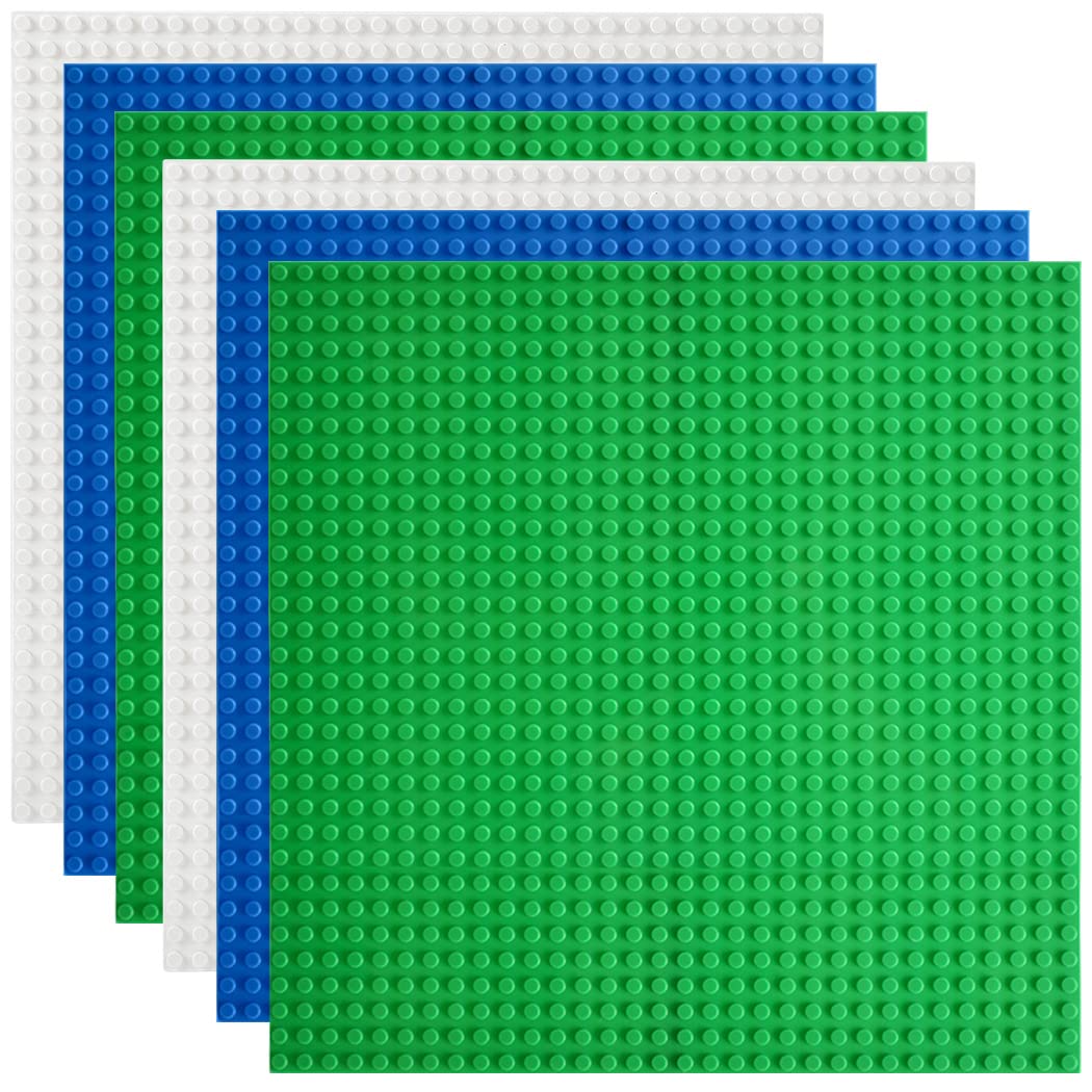 Lekebaby Classic Baseplates 10"x10" Large Building Board Base Plates 100% Compatible with All Major Brands, 6 Pack, White/Blue/Green