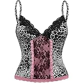 RoseSeek Women's Plus Size Lace Leopard Y2K Camisole Tops V Neck Spaghetti Strap Goth Low Cut Top
