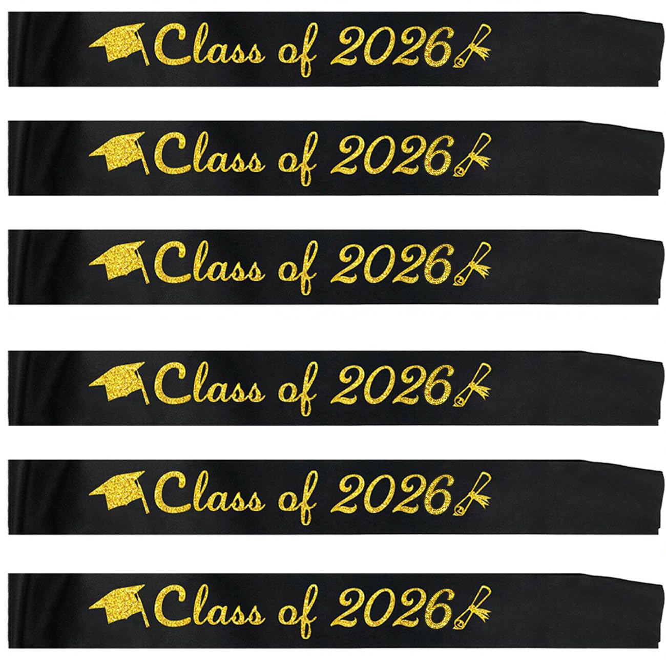 Topfunyy 6 Pcs Black Graduation Sash Gold Glitter Class of 2026 Graduated Stain Sah for 2026 Graduation Party Supplies