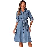 Allegra K Denim Dress for Women's Long Sleeve Button Down A-Line Belted Classic Jean Dresses
