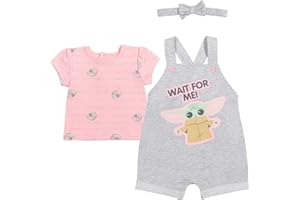 Star Wars Mandalorian Baby Girls French Terry Snap Short Overalls T-Shirt and Headband 3 Piece Outfit Set Newborn to Infant