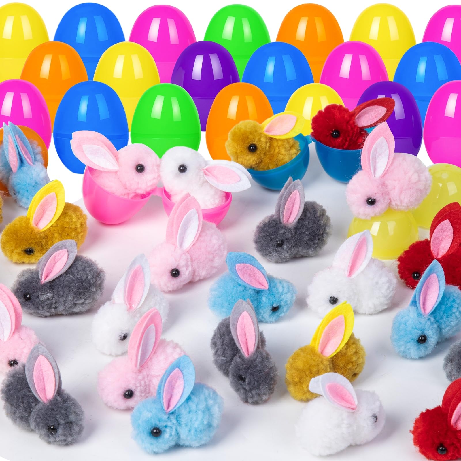 HIKISS 36 Pack Easter Eggs Filled Plush Bunny Toys, Mini Colorful Bunny Egg Fillers for Kids Toddler Boys Girls Easter Egg Hunt Classroom Prize Supplies Basket Stuffers Easter Party Favors