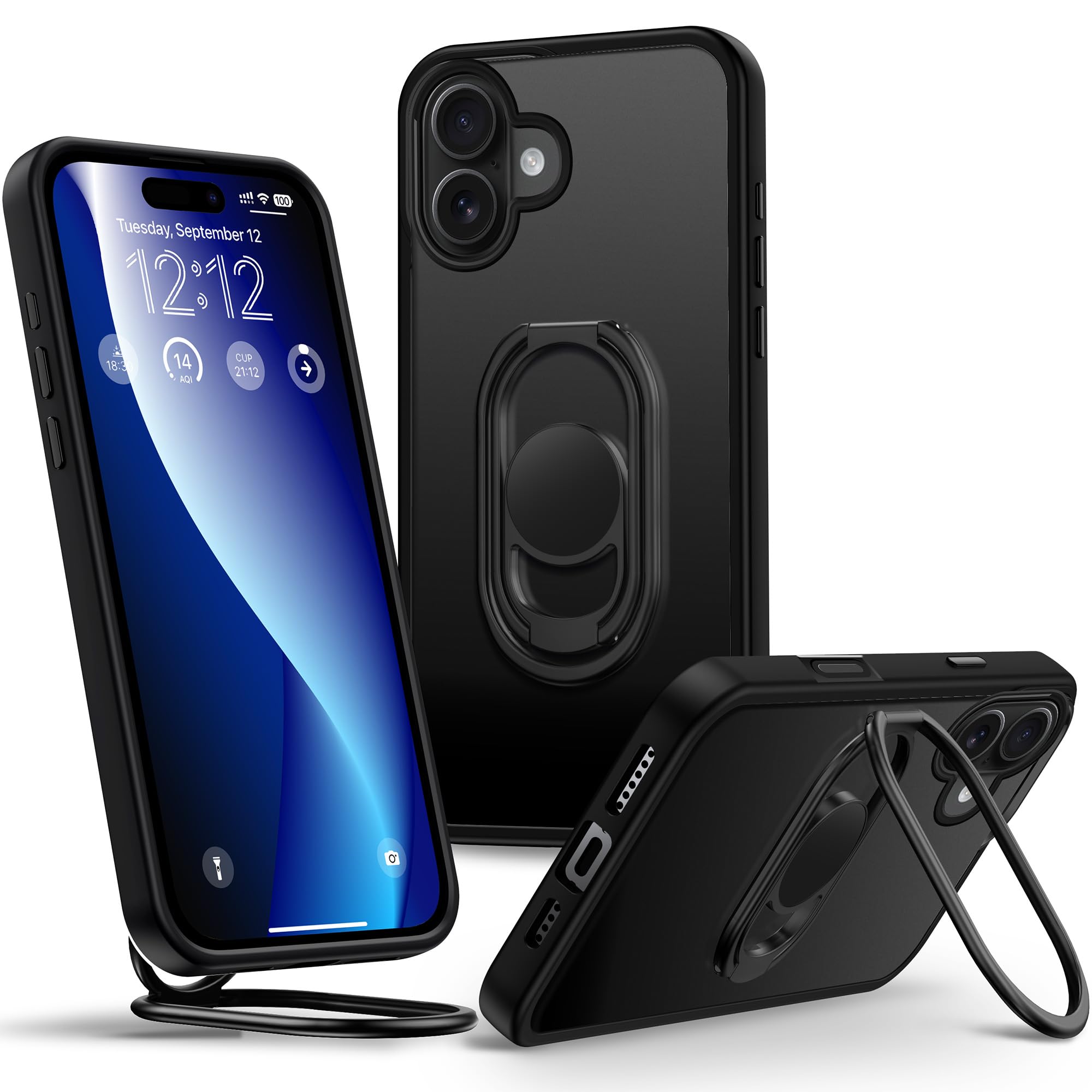 SHIELDS UP for iPhone 16 Case with Stand, Matte Back Phone Case with Double Ring Holder Kickstand【Adjustable & Foldable】 Shockproof Translucent Protective Cover - Frosted Black