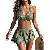 Eomenie Women's High Waisted Bikini Sets Tummy Control V Neck Two Piece Swimsuit Cutout Tie Back Bathing Suit with Skirt