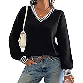 ATHMILE Womens Sweaters V Neck Long Sleeve Contrast Knit Casual Pullover Fall Winter Outfits Cute Tops 2026