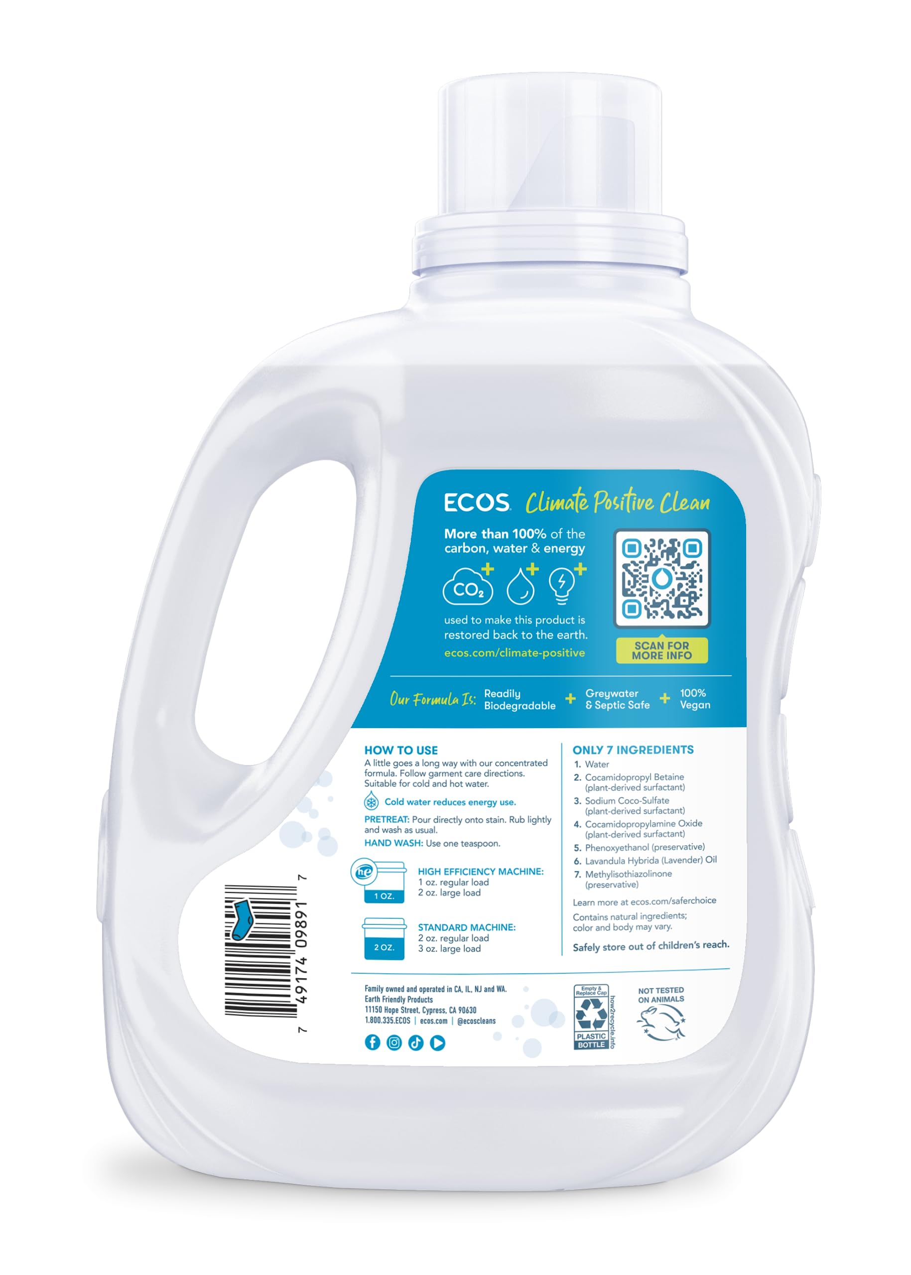 ECOS Laundry Detergent Liquid, 100 Loads - Dermatologist Tested Laundry Soap - Hypoallergenic, EPA Safer Choice Certified, Plant-Powered - Lavender, 100 Fl Oz